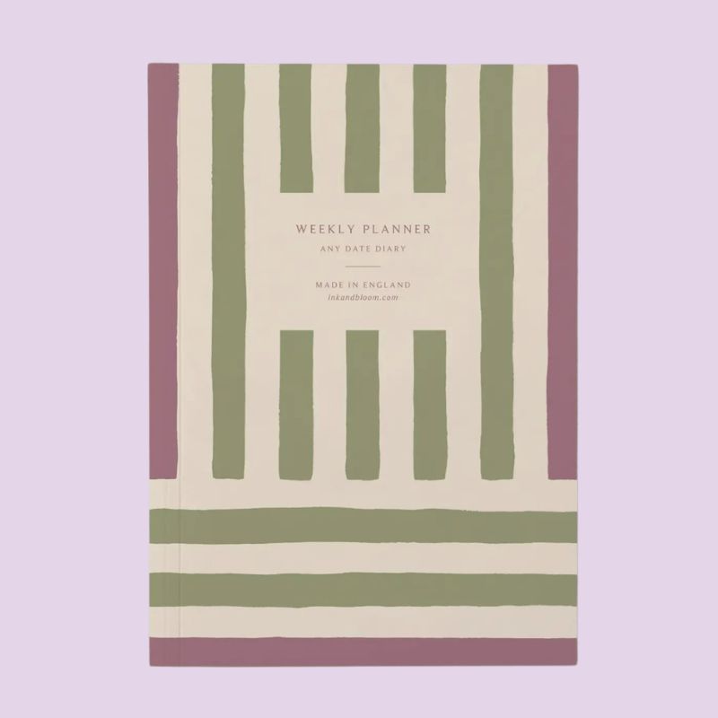 Agenda perpétuel Spring Ink & Bloom - couverture rayures vert sauge et mauve format A5