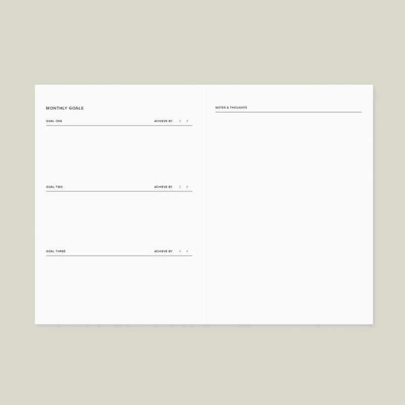 Double page Monthly Goals agenda perpétuel Ink & Bloom - objectifs mensuels et notes format A5