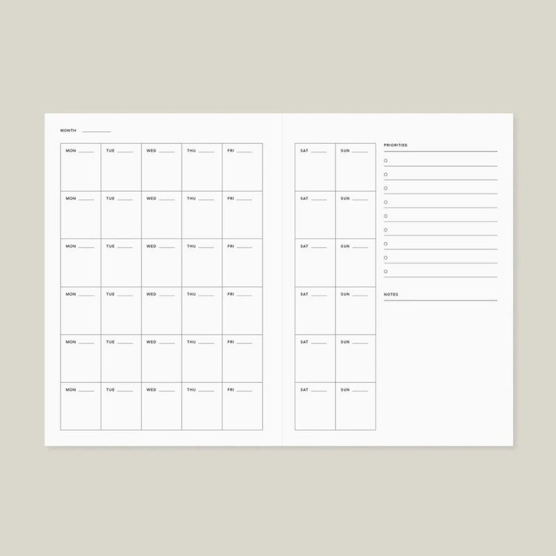 Double page vue mensuelle agenda perpétuel Ink & Bloom - calendrier avec priorités et notes