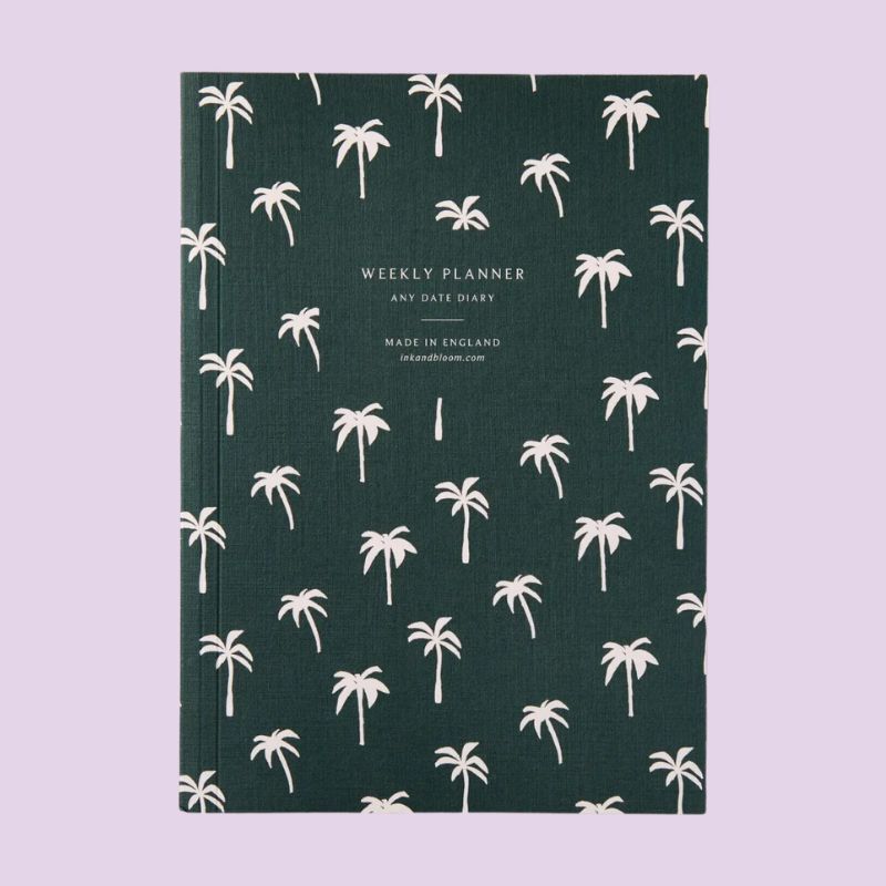 Agenda perpétuel Palmier Ink & Bloom - couverture vert sapin motif palmiers roses format A5