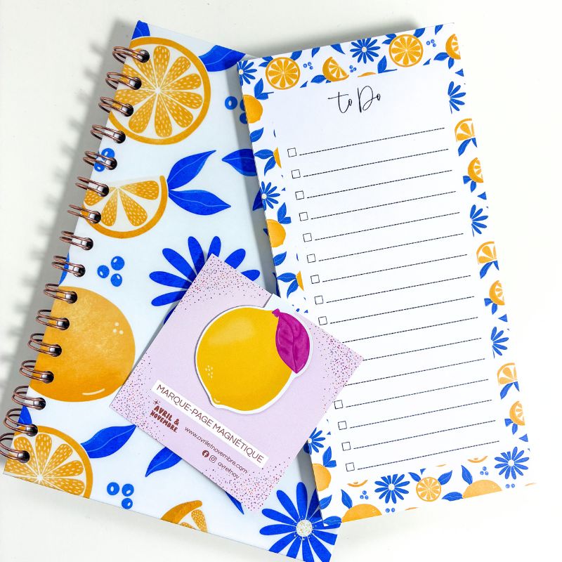 lot de papeterie motif citron carnet + to-do list + marque-page magnétique