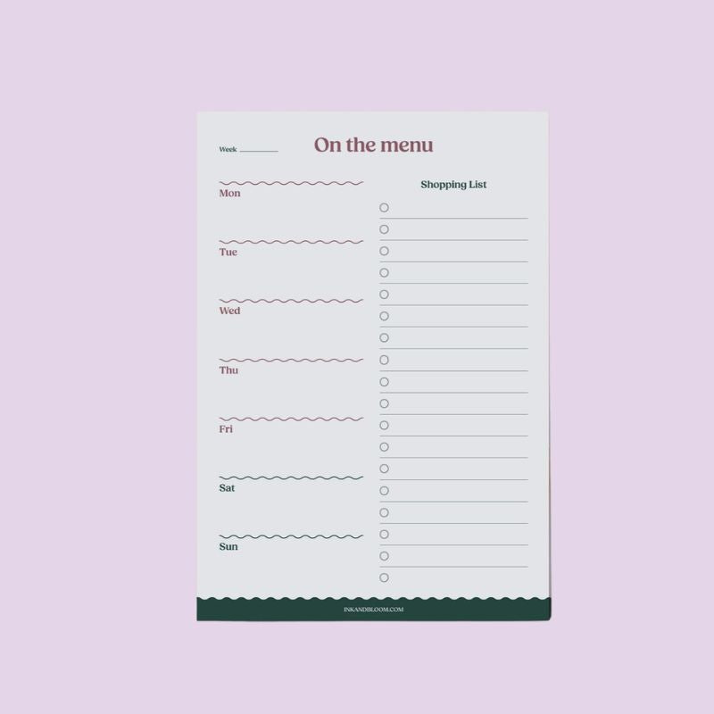 Meal Planner On the Menu Ink & Bloom vierge - vue semaine lundi au dimanche avec liste de courses intégrée format A5 fond mauve