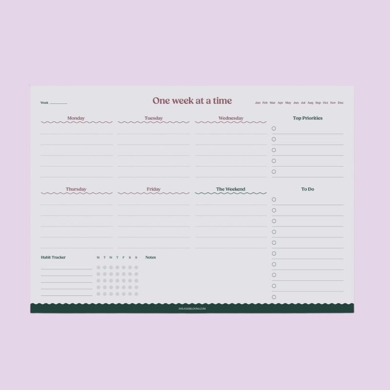 Ivy Planner semainier A4 Ink & Bloom format vierge fond mauve - disposition semaine lundi au weekend avec habit tracker