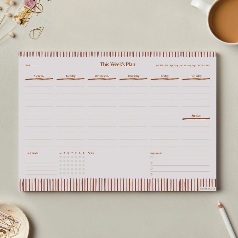 Planner semainier This Week's Plan Ink & Bloom vierge - vue semaine lundi au dimanche avec habit tracker et section importante format A4