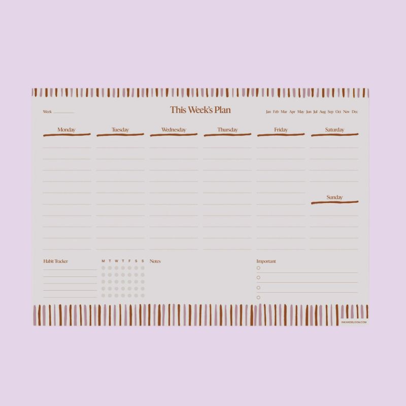 Planner semainier This Week's Plan Ink & Bloom format A4 - disposition semaine complète motif rayures multicolores fond mauve
