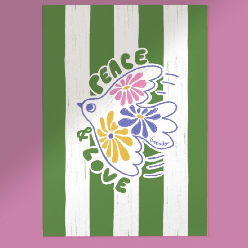 affiche A4 Peace and Love avec couleurs joyeuses et pop. Création française. Fabrication Eco-responsable. Colombe de la paix avec des fleurs colorées. Poster pour chambre d'enfant, salon, bureau, cuisine ...