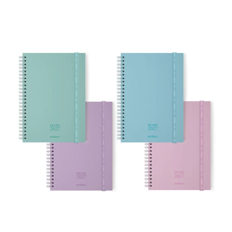 Agenda 2027 à spirales, quotidien, 4 coloris : vert, bleu, violet et rose, avec élastique