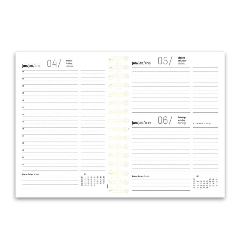 Pages intérieures de l’agenda quotidien 2027 : créneaux horaires, notes et mini-calendriers