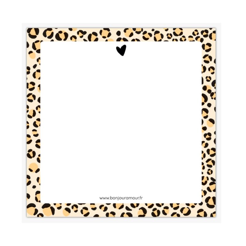 Bloc-notes carré Graou 10x10 cm avec bordure à imprimé léopard et petit cœur noir