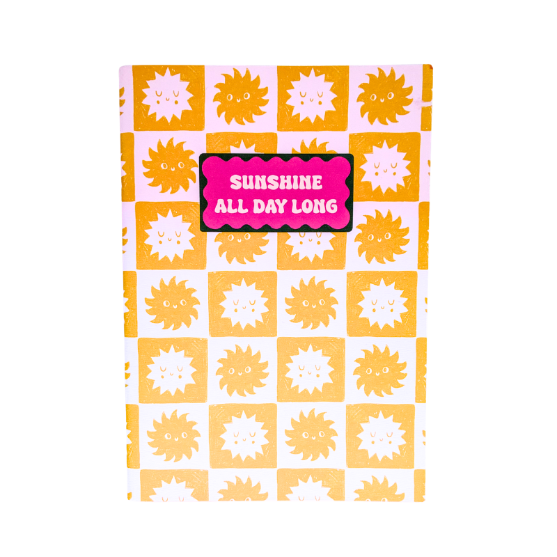 carnet de notes joyeux. format A5 couverture souple. Impression écoresponsable sur papier recyclé. motif soleil