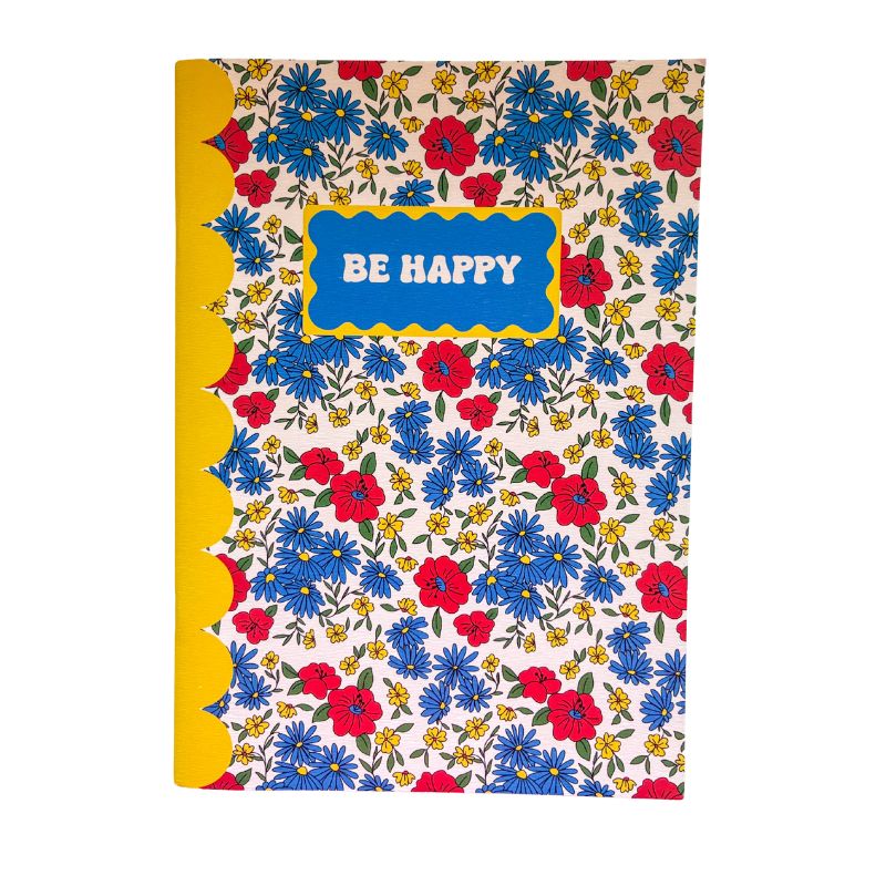 carnet be happy motif fleuri coloré. pages intérieures lignes fines. Petit format A5 idéal cadeau maîtresse