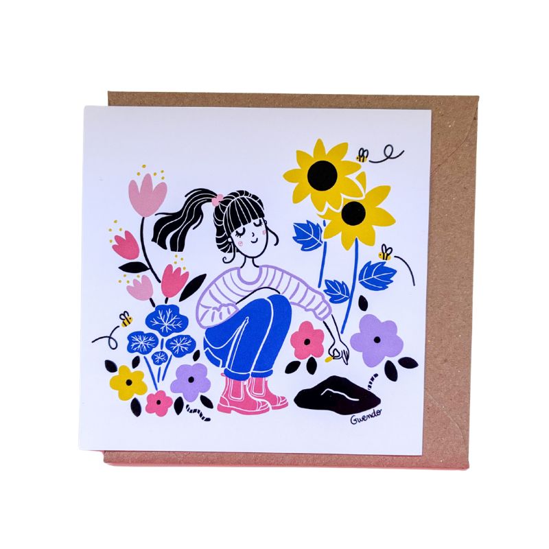 carte illustrée copine qui jardine. Carte d'amitié à message positif. Planter des graines. 