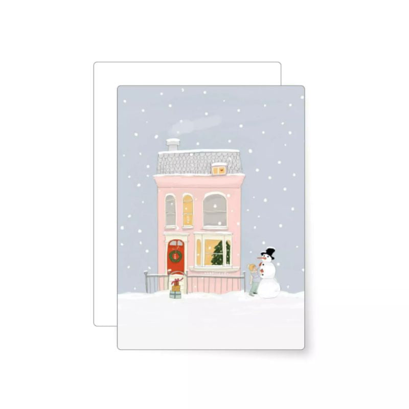 carte de Noël illustrée d'une jolie maison rose de type cottage anglais entouré de neige - Fabrication artisanale en Europe