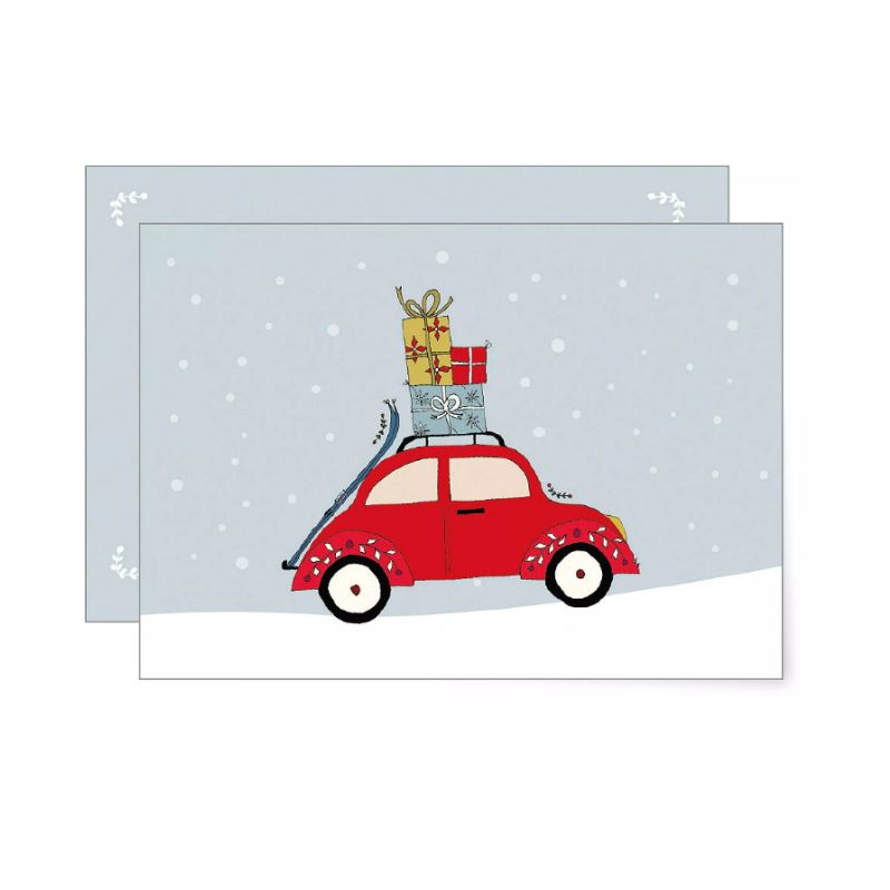 Carte de Noël illustrée avec une voiture rouge transportant des cadeaux – Carte de vœux A6 en papier FSC, marque MIAO papeterie