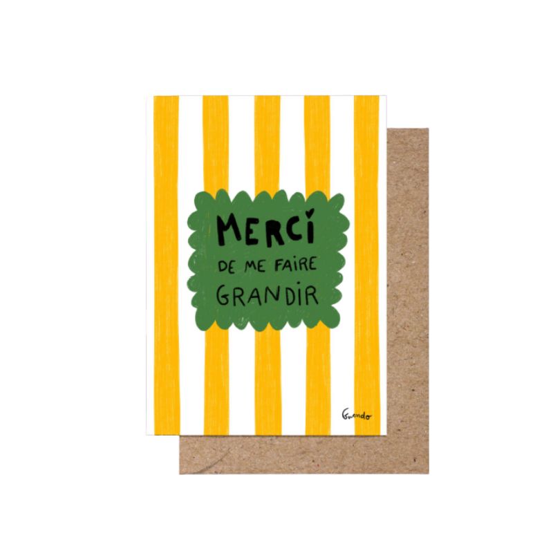 carte merci de me faire grandir pour maîtresse, nounou, ATSEM. Carte postale colorée de remerciement. Imprimée en France sur papier recyclé