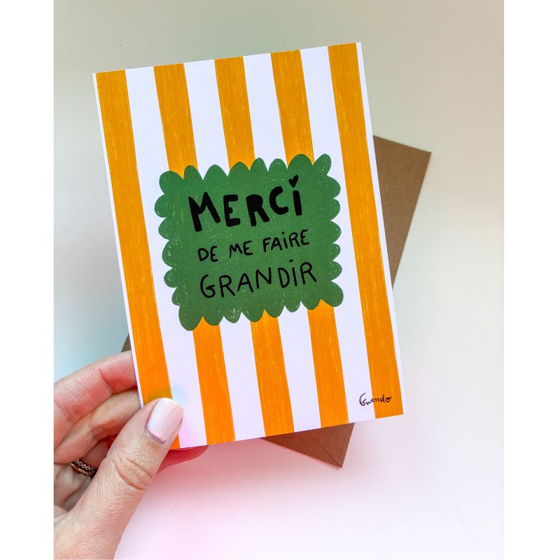 carte merci maîtresse colorée et écoresponsable. Merci de me faire grandir. Format A6 avec enveloppe kraft recyclée.