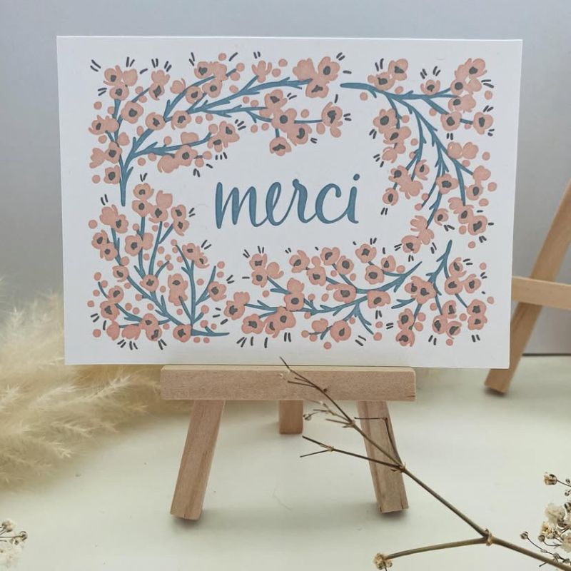 carte de remerciement fleurie rose et bleue. carte double petit format interieur vierge