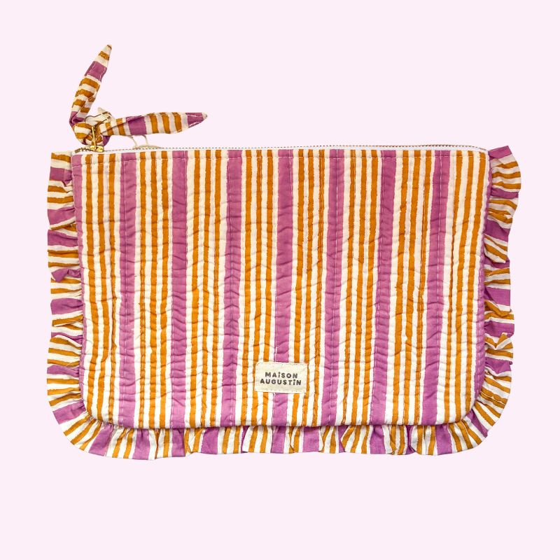 Grande pochette en tissu rayé violet et orange pour organiser vos essentiels