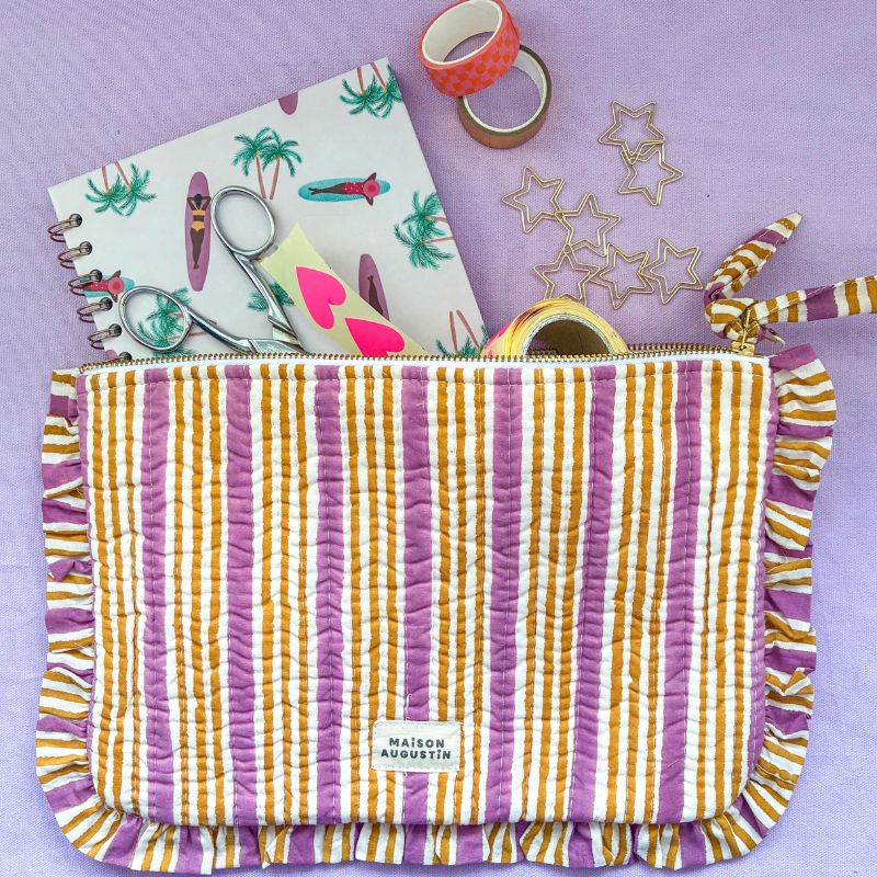 Pochette colorée Rayures Purple fabriquée artisanalement, motif unique pour ranger vos essentiels de scrapbooking