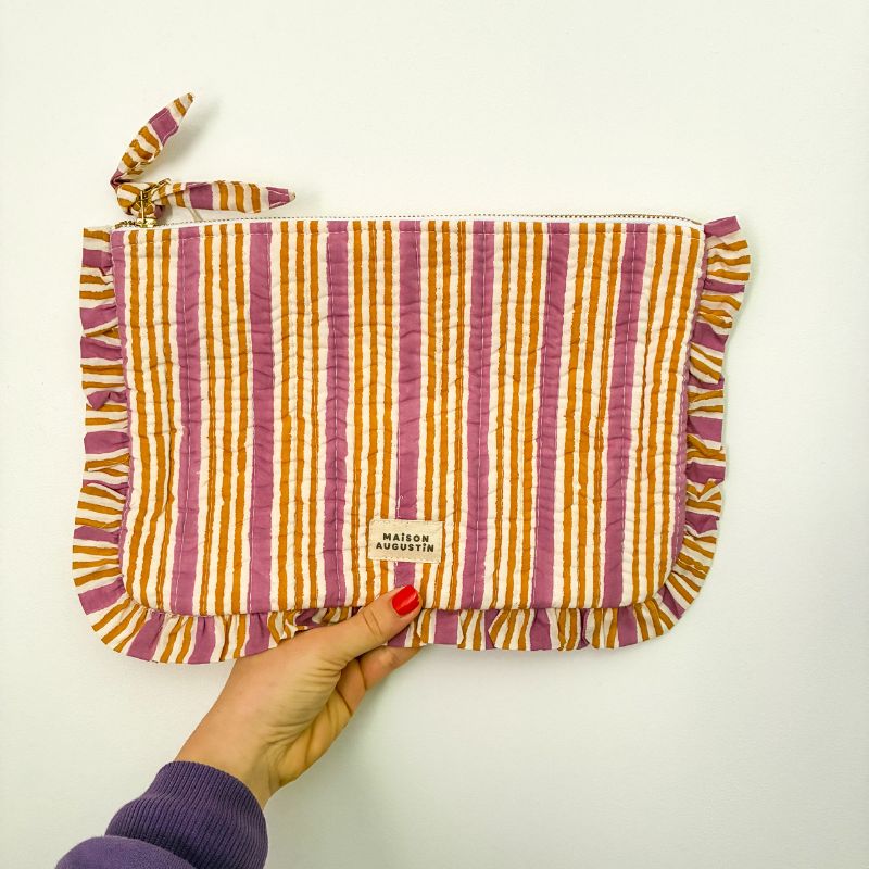 Pochette rayures purple en coton matelassé avec zip, idéale pour sac ou voyage