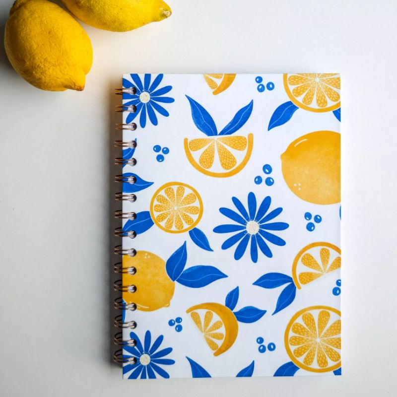 gros carnet à spirales motif citron pages intérieures lignées 