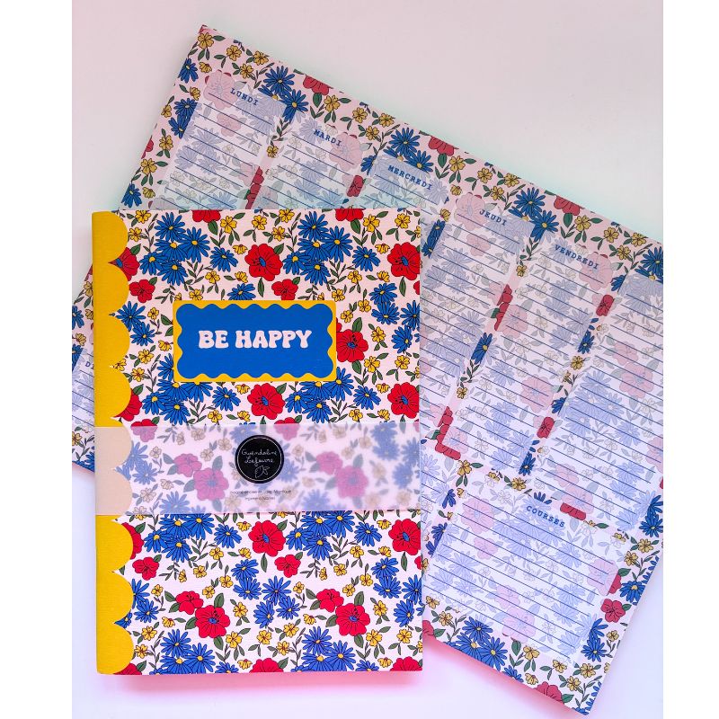 ensemble carnet + semainier papier à motif liberty fleuri. Organisation colorée écoresponsable en papier recyclé.