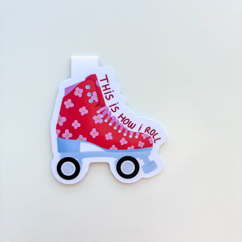 Marque-page magnétique Roller, illustration patin à roulettes rouge fleuri style rétro, Avril & Novembre