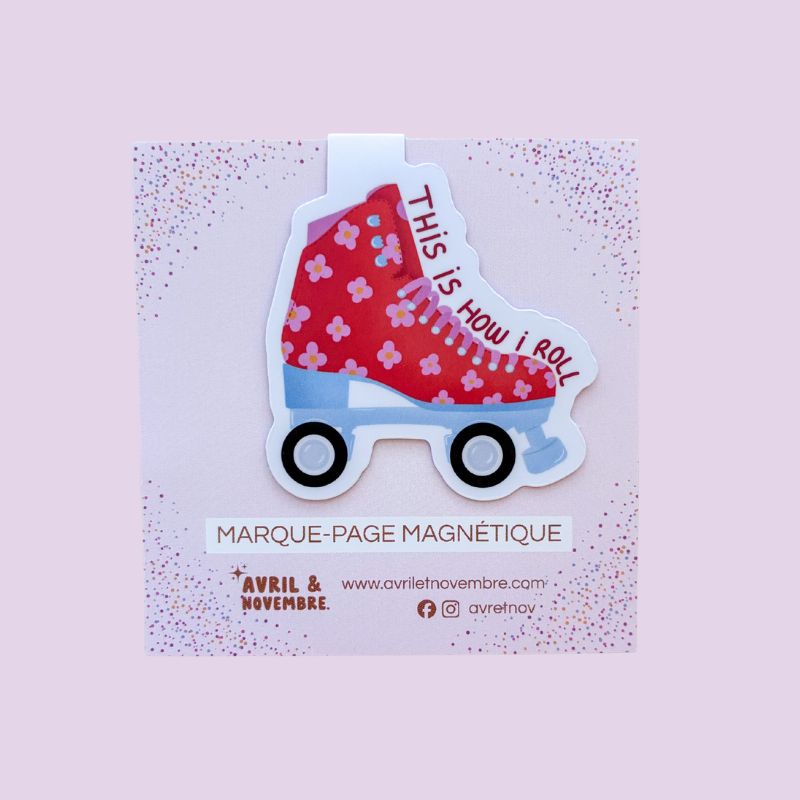 Packaging du marque-page magnétique Roller, illustration patin à roulettes vintage, papeterie colorée Avril & Novembre