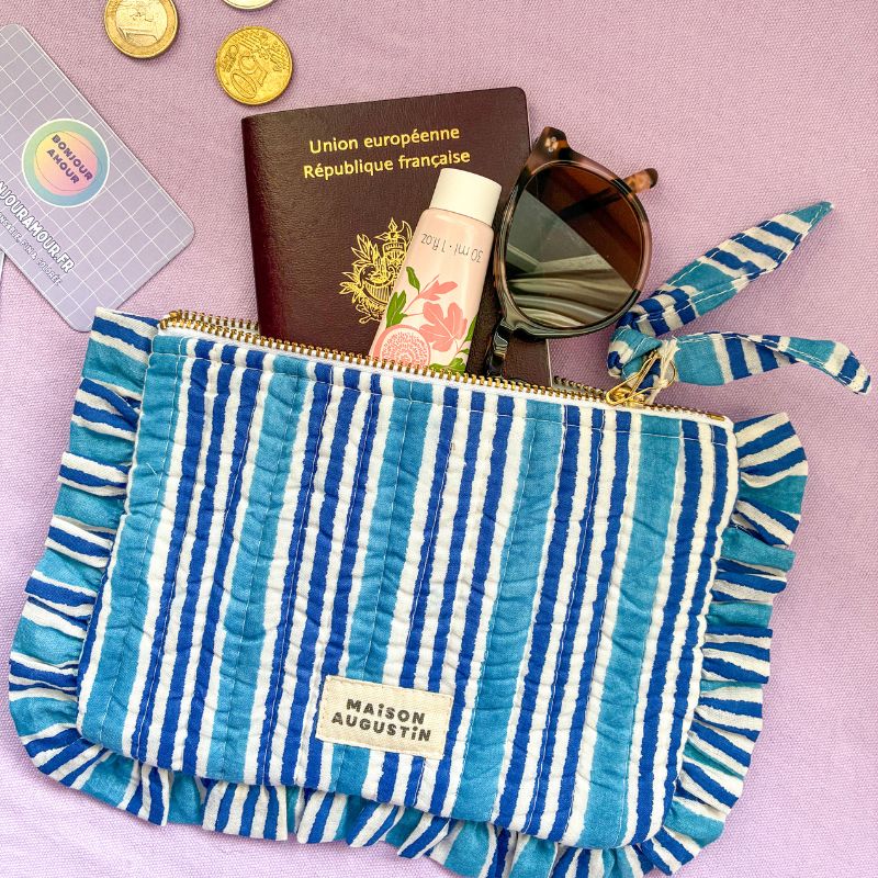 Pochette compacte rayures bleues, idéale pour sac à main ou voyage
