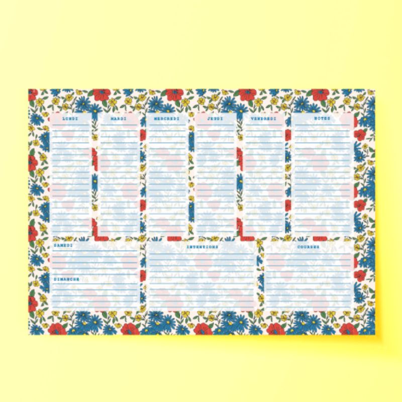 planner semainier papier avec motif fleuri liberty. semainier du lundi au dimanche format A4. Imprimé en france sur papier recyclé avec feuilles détachables.