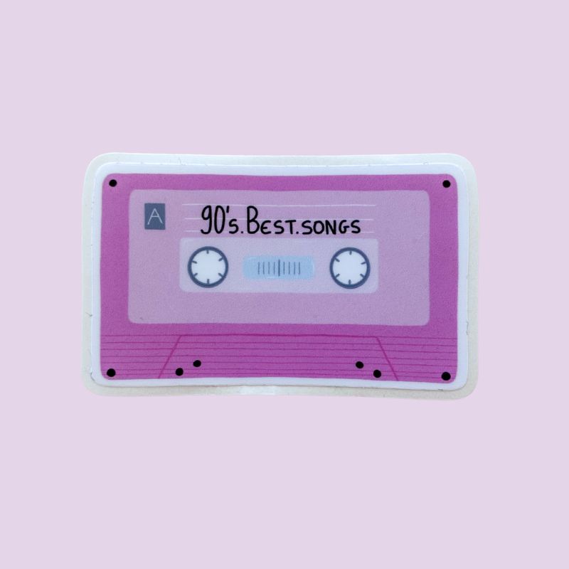 Sticker cassette rétro "90's Best Songs", illustration K7 audio rose vintage, papeterie Avril & Novembre