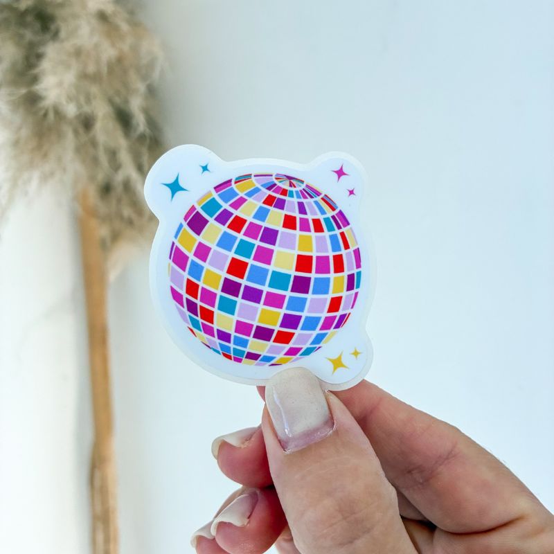 Sticker Disco Ball tenu à la main, boule à facettes colorée et étincelles, papeterie fait main Avril & Novembre