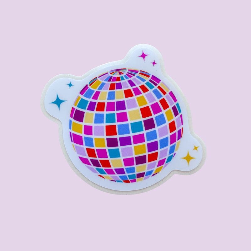 Sticker Disco Ball, illustration boule à facettes multicolore avec étincelles, papeterie Avril & Novembre