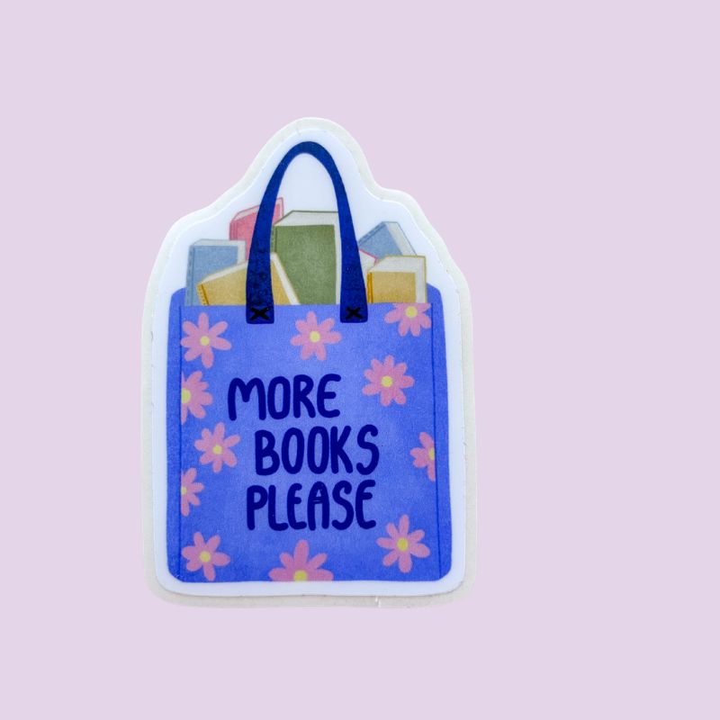 Sticker More Books Please, illustration tote bag bleu fleuri rempli de livres, papeterie fait main