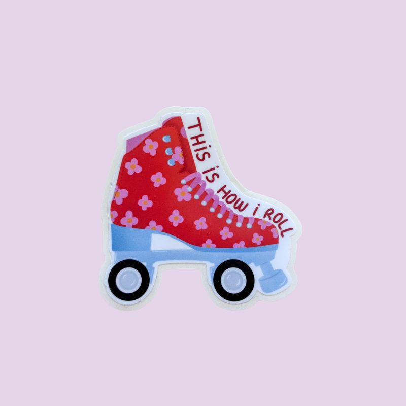 Sticker Roller, illustration patin à roulettes rouge fleuri style vintage, papeterie fait main
