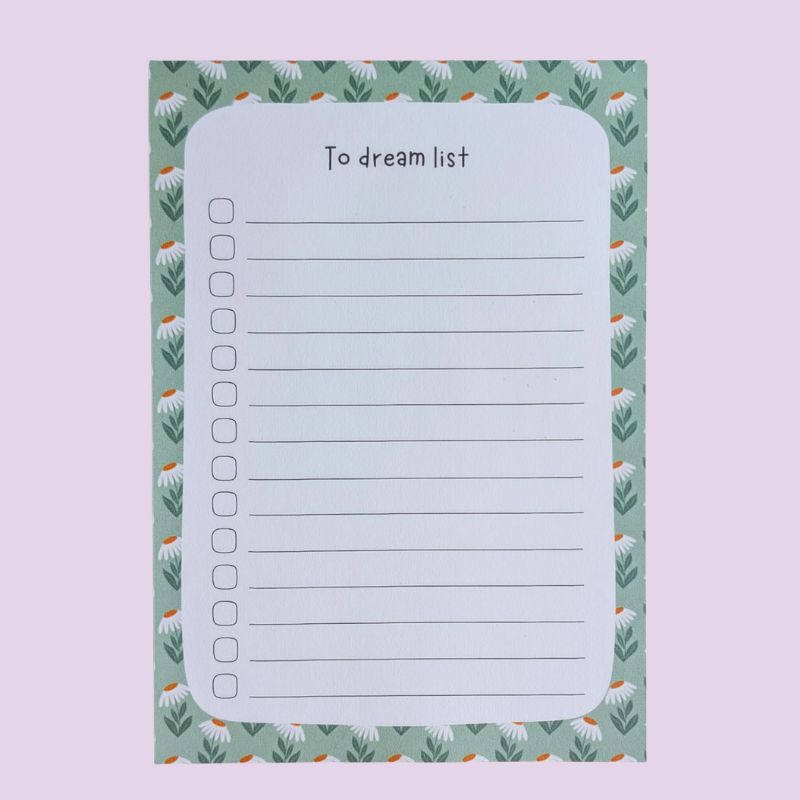 Bloc-notes To-Do List Marguerites format A5, dos cartonné motif fleuri vert sauge, papeterie française éco-responsable Avril & Novembre